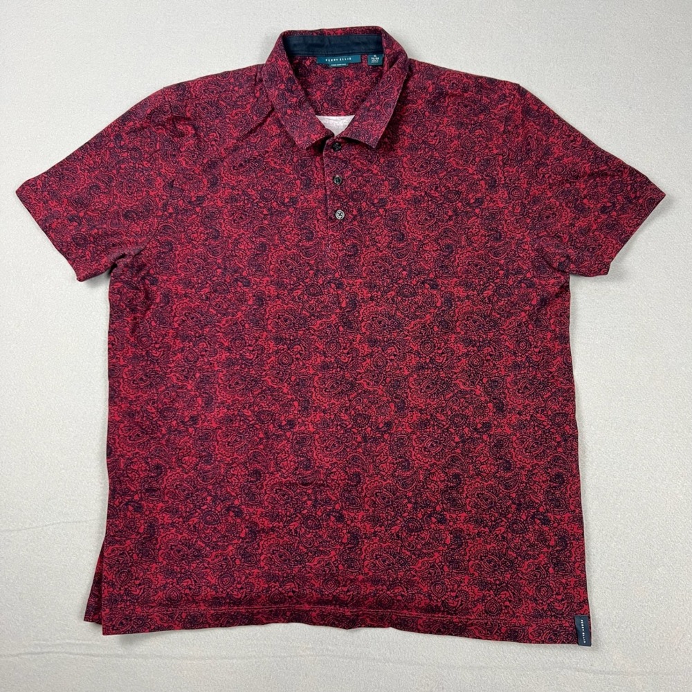 Perry Ellis Men's XL Pima Cotton Red Navy Paisley AOP Short Sleeve Polo Shirt